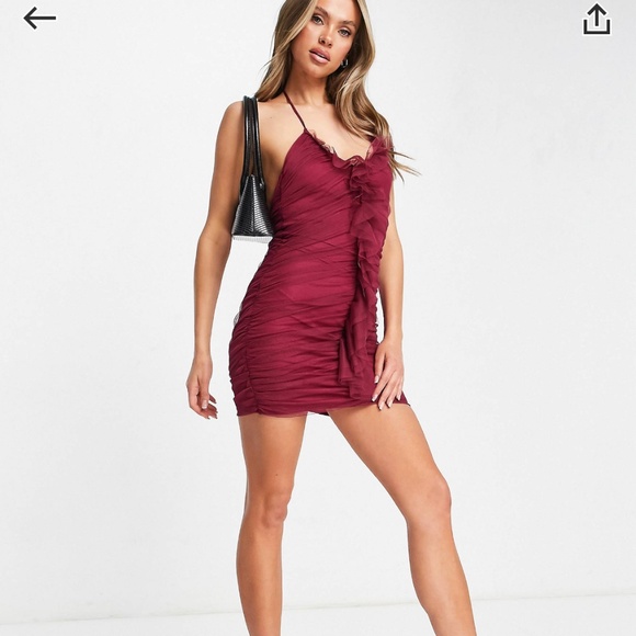 NWT Trendyol halter neck ruched mini dress ruffle red holiday dance bodycon 10 - Picture 4 of 10